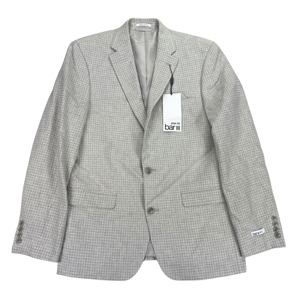 Bar III Mens Linen Blend Slim Fit Plaid Sport Coat Natural Gray 40R
